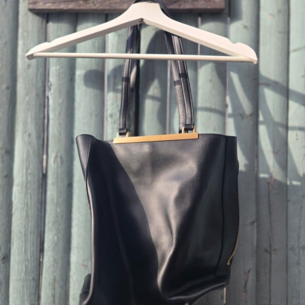 DKNY Donna Karan NY Vintage Black Leather Tote Gold Bar Hardware Shoulder Bag